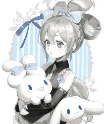 Rule 34 | 1girl, :3, :d, alternate hairstyle, blue bow, blue eyes, blue stripes, border, bow, cinnamiku, cinnamoroll, closed mouth, detached sleeves, ear bow, grey hair, greyscale, hair between eyes, hair bow, hair rings, hatsune miku, highres, holding, light blush, long hair, looking ahead, monochrome, necktie, open mouth, outside border, parted lips, pink bow, sanrio, seveneightdu, smile, spot color, striped, striped background, updo, vocaloid, white border, white stripes