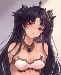 Rule 34 | 1girl, armlet, backlighting, bandeau, bare shoulders, black hair, blush, breasts, cleavage, collarbone, detached collar, earrings, fate/grand order, fate (series), hair ornament, head tilt, ishtar (fate), jewelry, leonmandala, long hair, looking at viewer, medium breasts, parted lips, possessed, possession, red eyes, tohsaka rin, upper body