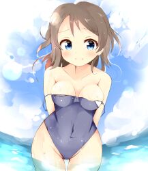 Rule 34 | 1girl, arms behind back, blue eyes, blue one-piece swimsuit, blue school swimsuit, blush, brown hair, cloud, competition school swimsuit, covered navel, cowboy shot, female focus, highres, looking at viewer, love live!, love live! sunshine!!, one-piece swimsuit, school swimsuit, short hair, sky, smile, sunya (honorin-yuunibo), swimsuit, thighs, undressing, watanabe you