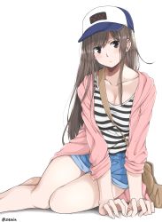 Rule 34 | 1girl, absurdres, amu (258shin), baseball cap, black eyes, blue shorts, blush, breasts, brown hair, cleavage, collarbone, hat, highres, jacket, large breasts, long hair, looking at viewer, open clothes, open jacket, original, pink jacket, shirt, short shorts, shorts, signature, simple background, solo, striped clothes, striped shirt, twitter username, very long hair, visor cap, white background