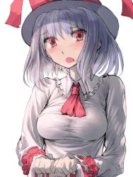 Rule 34 | 1girl, blush, breasts, geppewi, hat, large breasts, nagae iku, open mouth, purple hair, red eyes, short hair, solo, taut clothes, touhou, upper body, white background