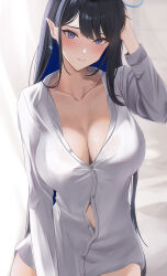 Rule 34 | 1girl, absurdres, arm up, black hair, blue archive, blue hair, blush, breasts, cleavage, closed mouth, collarbone, collared shirt, colored inner hair, halo, hand on own head, highres, k 0art, large breasts, long hair, long sleeves, looking at viewer, multicolored hair, partially unbuttoned, pointy ears, rin (blue archive), shirt, solo, straight hair, two-tone hair, very long hair, white shirt