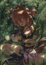 Rule 34 | 1girl, absurdres, agnes tachyon (lunatic lab) (umamusume), agnes tachyon (umamusume), ahoge, animal ears, bikini, black bikini, black footwear, bracelet, breasts, cleavage, commentary request, cork, crossed legs, flask, foliage, green jacket, hair between eyes, highres, horse ears, horse girl, horse tail, jacket, jewelry, kii-kun (agnes tachyon) (umamusume), medium breasts, navel, on ground, open mouth, outdoors, partial commentary, red eyes, round-bottom flask, sandals, sleeves rolled up, smile, solo, swimsuit, tail, test tube, tied jacket, tonariuta, umamusume