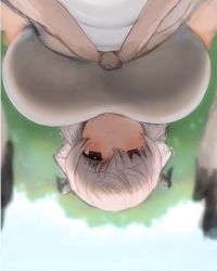 Rule 34 | 1girl, black horns, breasts, brown eyes, closed mouth, day, dress, from below, gloves, grey hair, grey horns, highres, horns, huge breasts, kemono friends, kemono friends 3, light blush, looking at viewer, looking down, multicolored horns, outdoors, pov, shibori kasu, smile, solo, upside-down, yak (kemono friends)
