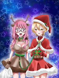 Rule 34 | 2girls, animal costume, animal ears, antlers, bell, blonde hair, blush, breasts, christmas, christmas present, cleavage, collar, deer ears, dress, gift, glasses, hat, highres, horns, large breasts, leash, looking at viewer, mahou shoujo site, multiple girls, neck bell, open mouth, pink eyes, pink hair, reindeer antlers, reindeer costume, sack, santa costume, santa hat, shiny clothes, shiny skin, shioi rina, short hair, star (symbol), starry background, twintails, user ctnn8475, yatsumura tsuyuno, yellow eyes
