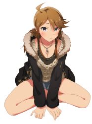 Rule 34 | 10s, 1girl, :o, ahoge, bare legs, barefoot, blue eyes, blue shorts, blush, breasts, brown hair, buttons, cleavage, cutoffs, dani-ikapi, denim, denim shorts, full body, fur collar, fur trim, idolmaster, idolmaster million live!, jacket, jewelry, long hair, long sleeves, necklace, open clothes, open jacket, parted lips, pendant, short hair, short shorts, shorts, sidelocks, simple background, sitting, solo, spread legs, sweatdrop, sweater, tareme, tokoro megumi, white background