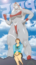 Rule 34 | 2019, 2girls, abs, absurdres, armband, armor, back cutout, bikini, bikini armor, blank eyes, blazer, body markings, breasts, brooch, brown eyes, brown hair, cleavage, cleavage cutout, clothing cutout, cloud, cloudy sky, collarbone, crater, earrings, extra lady, extra lady (series), eyeshadow, facial mark, fingerless gloves, fist pump, from below, giant, giantess, gloves, gluteal fold, grin, headpiece, highleg, highleg bikini, highres, huge breasts, jacket, jewelry, crossed legs, lens flare, lipstick, long hair, looking afar, makeup, groin, mousou tokusatsu series ultramadam, multiple girls, nail polish, nappii (nappy happy), navel, navel cutout, short hair, sideboob, sitting, skirt, sky, smile, sun, swimsuit, tattoo, thick thighs, thigh strap, thighs, underboob, uniform, white hair, yellow eyes