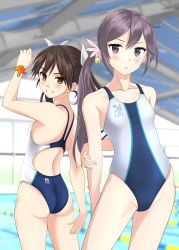 Rule 34 | 2girls, akebono (kancolle), alternate costume, arm behind back, ass, bell, blurry, brown eyes, brown hair, clock, commentary request, competition swimsuit, contrapposto, cowboy shot, depth of field, flower, grin, hair bell, hair between eyes, hair flower, hair ornament, hair ribbon, highres, indoors, jingle bell, kantai collection, lane line, long hair, looking at viewer, multiple girls, one-piece swimsuit, pool, purple eyes, purple hair, ribbon, side ponytail, smile, standing, swimsuit, takafumi, third-party source, tone (kancolle), twintails, two-tone swimsuit, very long hair, white ribbon