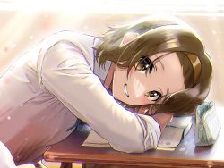 Rule 34 | 1girl, absurdres, bad id, bad pixiv id, bag, blue ribbon, blush, brown eyes, brown hair, chromatic aberration, closed mouth, collared shirt, commentary, desk, dress shirt, from side, grin, hairband, handbag, head down, head on arm, head rest, highres, indoors, k-on!, long sleeves, looking at viewer, neck ribbon, notebook, revision, ribbon, sakuragaoka high school uniform, school desk, school uniform, shirt, short hair, smile, solo, sunlight, tainaka ritsu, upper body, verse, white shirt