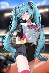 1girl absurdres alternate_costume aqua_eyes aqua_hair black_shorts blonde_hair blue_sky blurry breasts character_name clothes_writing cowboy_shot depth_of_field hair_ribbon hatsune_miku haze_(ohw8g) highres long_hair microphone outdoors racetrack ribbon shirt shorts sky small_breasts solo thighs thumbs_up tv_camera twintails vocaloid white_shirt