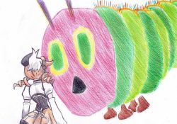 Rule 34 | 10s, 1girl, bad id, bad pixiv id, beret, blonde hair, bow, bug, caterpillar, corset, detached sleeves, drill hair, from behind, green eyes, hair ornament, hat, hiraichi, mahou shoujo madoka magica, mahou shoujo madoka magica (anime), mami mogu mogu, md5 mismatch, pleated skirt, puffy sleeves, resolution mismatch, skirt, source larger, the very hungry caterpillar, tomoe mami, traditional media, twin drills, twintails