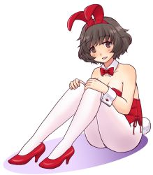 Rule 34 | 1girl, akiyama yukari, alternate costume, animal ears, bow, bowtie, brown eyes, brown hair, commentary request, detached collar, fake animal ears, fake tail, girls und panzer, hands on own knees, high heels, highres, leotard, looking at viewer, messy hair, open mouth, pantyhose, playboy bunny, rabbit ears, rabbit tail, red bow, red bowtie, red footwear, red leotard, short hair, side-tie leotard, simple background, sitting, smile, solo, strapless, strapless leotard, tail, uona telepin, white background, white pantyhose, wing collar, wrist cuffs