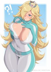 Rule 34 | 1girl, absurdres, belt, biker rosalina, blonde hair, blue background, blue gloves, blush, bodysuit, border, breasts, cleavage, cowboy shot, crown, earrings, gloves, gradient background, hair over one eye, highres, jewelry, large breasts, long hair, mandytsune, mario (series), mario kart, nintendo, open mouth, rosalina, simple background, solo, standing, star (symbol), star earrings, white bodysuit, white border