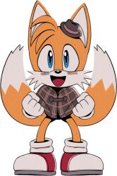 Rule 34 | 1boy, animal ears, animal nose, blue eyes, blush, blush stickers, body fur, brown capelet, brown hat, capelet, child, clenched hands, digimin, fedora, fox boy, fox ears, fox tail, full body, furry, furry male, gloves, hands up, happy, hat, legs apart, looking at viewer, male focus, mini hat, multiple tails, non-web source, official art, open mouth, plaid capelet, red footwear, shoes, simple background, smile, socks, solo, sonic (series), standing, straight-on, tail, tails (sonic), the murder of sonic the hedgehog, transparent background, two-tone fur, two tails, white fur, white gloves, white socks, wide-eyed, yellow fur