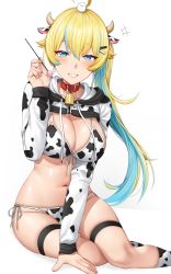 Rule 34 | 1girl, absurdres, ahoge, animal ears, animal print, aqua eyes, aqua hair, bell, bikini, blonde hair, blush, bottle, breasts, cleavage, clothes lift, collar, cow ears, cow horns, cow print, cowbell, drawstring, earrings, feet out of frame, gradient hair, grin, hair between eyes, hair ornament, hairclip, hand up, highres, holding, hood, hooded sweater, horns, indie virtual youtuber, jewelry, kneehighs, laibaht, large breasts, long hair, long sleeves, looking at viewer, milk bottle, mimikaki, multicolored hair, navel, neck bell, red collar, side-tie bikini bottom, side ponytail, simple background, sitting, skindentation, smile, socks, solo, sweater, sweater lift, swimsuit, teeth, thigh strap, two-tone hair, very long hair, virtual youtuber, white background, yakimi 27, yokozuwari