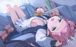 Rule 34 | 1girl, absurdres, armpits, bag of chips, barefoot, blue archive, blue necktie, blush, colored inner hair, commentary request, couch, dress, electrical outlet, fang, food, green eyes, halo, highres, holding, holding food, jacket, long sleeves, looking at viewer, lying, momoka (blue archive), multicolored hair, necktie, on back, on couch, open clothes, open jacket, open mouth, pink hair, pringles can, shijiuuuuuuu, short hair, skin fang, sleeveless, sleeveless dress, smile, solo, thighs, white dress, white jacket