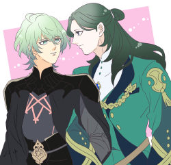 Rule 34 | 2boys, armor, arms locked, byleth (fire emblem), byleth (male) (fire emblem), fire emblem, fire emblem: three houses, green eyes, green hair, kuroyu66, linhardt von hevring, long hair, low ponytail, multiple boys, nintendo, pink background, simple background, white background, yaoi