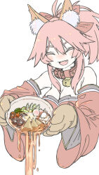 Rule 34 | 1girl, animal collar, animal ear fluff, animal ears, animal hands, bare shoulders, bell, bowl, breasts, cleavage, closed eyes, collar, commentary request, cropped torso, detached sleeves, facing viewer, failure, fang, fate/grand order, fate (series), food, fox ears, fried egg, gloves, hair ribbon, highres, holding, holding bowl, japanese clothes, jingle bell, kamaboko, kimono, large breasts, long hair, mushroom, narutomaki, noodles, open mouth, outstretched arms, paw gloves, pink hair, ponytail, red kimono, red ribbon, ribbon, sidelocks, simple background, smile, solo, spilling, spring onion, strapless kimono, tamamo (fate), tamamo cat (fate), tamamo cat (first ascension) (fate), tofu, udon, uewtsol, upper body, white background