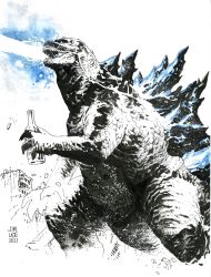 Rule 34 | 2021, artist name, atomic breath, blue eyes, bottle, breath weapon, commentary, energy, energy beam, english commentary, from side, glowing, glowing spikes, godzilla, godzilla (series), highres, holding, holding bottle, jim lee, kaijuu, laser, monochrome, mouth beam, no humans, open hand, open mouth, plasma, sharp teeth, spot color, teeth, toho, white background