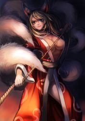 Rule 34 | 1girl, animal ears, blonde hair, blue eyes, breasts, bus7, character request, cleavage, fox ears, fox tail, highres, japanese clothes, kitsune, large breasts, long hair, multiple tails, no bra, no panties, rope, solo, tail