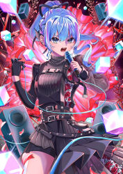 Rule 34 | 1girl, amplifier, belt, black belt, black gloves, black skirt, blue eyes, blue hair, floral print, flower, glint, gloves, high ponytail, highres, hiiragi melt, holding, holding microphone, hololive, hoshimachi suisei, hoshimachi suisei (shout in crisis), looking at viewer, microphone, open mouth, red flower, rose print, short shorts, shorts, single glove, skirt, solo, star (symbol), star in eye, symbol in eye, virtual youtuber, wing hair ornament, wire