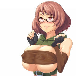 Rule 34 | 10s, 1girl, barbara (grimgar), bare shoulders, blush, breasts, breasts squeezed together, brown hair, covered erect nipples, elbow gloves, glasses, gloves, hai to gensou no grimgar, highres, huge breasts, imminent paizuri, lips, nagashirono, nipples, paizuri invitation, pink eyes, short hair, smile, underboob