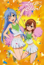 Rule 34 | 2girls, absurdres, animage, arm up, blue hair, brown eyes, brown hair, cheerleader, confetti, green eyes, hairband, highres, index (toaru majutsu no index), kneeling, long hair, misaka mikoto, multiple girls, non-web source, official art, one eye closed, ootsuka mai, open mouth, otsuka mai, pom pom (cheerleading), scan, toaru majutsu no index, very long hair, wink
