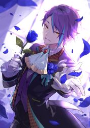 Rule 34 | 1boy, a ching, blue flower, blue rose, blurry, blurry background, buttons, collared shirt, colored eyelashes, flower, flower in pocket, formal, gloves, highres, junpaku no anata e chikai no uta wo! (project sekai), kamishiro rui, long sleeves, male focus, multicolored hair, parted bangs, petals, project sekai, purple hair, rose, rose petals, shirt, short hair, smile, solo, streaked hair, striped, white gloves, window, yellow eyes