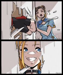 Rule 34 | 2girls, 2koma, blonde hair, blue dress, blue eyes, broken door, brown eyes, brown hair, cammy white, capcom, china dress, chinese clothes, chun-li, clenched hand, comic, commentary, crazy eyes, crazy smile, double bun, dress, earrings, english commentary, hair bun, hair ribbon, here&#039;s johnny! (meme), highres, hole in wall, horror (theme), jewelry, meme, multiple girls, parody, pendant choker, punching, ribbon, scared, scene reference, shinibun, short hair, smile, street fighter, street fighter 6, teeth, the shining