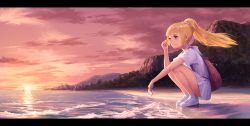 Rule 34 | 1girl, backpack, bag, beach, blonde hair, city, cliff, cloud, creatures (company), dress, game freak, green eyes, highres, letterboxed, lighthouse, lillie (pokemon), mountain, nintendo, noske, outdoors, pokemon, pokemon sm, ponytail, scenery, sidelocks, sky, smile, solo, spoilers, squatting, sunset, ticket, water, white dress