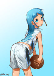 Rule 34 | 10s, 1girl, :o, absurdres, alternate costume, ass, back, ball, bare shoulders, basketball, basketball (object), basketball uniform, black bra, blue background, blue eyes, blue hair, blush, bra, bra peek, clothes writing, cowboy shot, fingernails, flat chest, from behind, from side, gradient background, gym shorts, highres, holding, holding ball, kantai collection, kashisu mint, kneepits, leaning forward, long fingernails, long hair, looking back, matching hair/eyes, midriff, midriff peek, national basketball association, open mouth, orlando magic, pantylines, parted bangs, pinstripe pattern, samidare (kancolle), shorts, sidelocks, solo, sports bra, sportswear, striped, surprised, sweat, tank top, twitter username, underwear, very long hair, white shorts