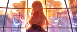 Rule 34 | 10s, 1girl, ^ ^, backlighting, bird, black skirt, blonde hair, blush, building, city, closed eyes, doma umaru, feathers, frilled skirt, frills, glasses, happy, himouto! umaru-chan, hug, joseph lee, light particles, long hair, long sleeves, no shoes, hugging object, pantyhose, purple pantyhose, sitting, skirt, smile, solo, sparkle, sunlight, window