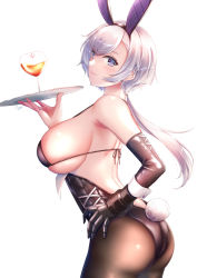 Rule 34 | animal ears, ass, azur lane, bikini, bikini top only, breasts, closed mouth, cowboy shot, cup, drinking glass, elbow gloves, fake animal ears, from side, gloves, hand on own hip, highres, holding, holding tray, large breasts, leotard, lips, looking at viewer, low ponytail, official alternate costume, pantyhose, playboy bunny, purple eyes, rabbit ears, rabbit tail, reno (reno bunnino) (azur lane), sebu illust, sideboob, simple background, skindentation, solo, strap gap, swimsuit, tail, tray, white background, white hair, wrist cuffs