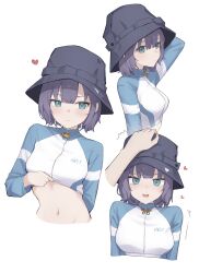 Rule 34 | 1girl, 1other, black hair, black headwear, blue archive, blush, breasts, bucket hat, closed mouth, cropped torso, frown, gmi (jimmyovob), green eyes, hat, headpat, heart, highres, long sleeves, looking at viewer, medium breasts, multiple views, navel, open mouth, rash guard, saki (blue archive), saki (swimsuit) (blue archive), short hair, sidelocks, simple background, upper body, white background