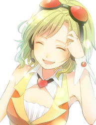 Rule 34 | 1girl, :d, ^ ^, bad id, bad pixiv id, closed eyes, closed eyes, fujino iro, goggles, goggles on head, green hair, gumi, happy, headphones, heart, open mouth, short hair, smile, solo, vocaloid, wrist cuffs