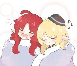Rule 34 | 2girls, :o, ahoge, arknights, black headwear, blanket, blonde hair, blush, closed eyes, commentary, drooling, durin (arknights), english commentary, hat, kurotofu, long hair, mini hat, mouth drool, multiple girls, myrtle (arknights), open mouth, parted bangs, parted lips, pointy ears, red hair, short eyebrows, sleeping, thick eyebrows, zzz
