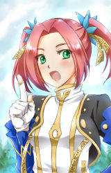 Rule 34 | 1girl, aqua eyes, breasts, dress, eleanor hume, fingerless gloves, gloves, hair ornament, jacket, long hair, open mouth, red hair, tales of (series), tales of berseria, twintails