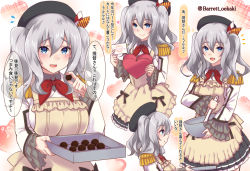Rule 34 | 1girl, apron, baretto (firearms 1), beret, black hat, black legwear, black skirt, blue eyes, blush, box, breasts, chocolate, closed mouth, cooking, employee uniform, epaulettes, frilled sleeves, frills, hair between eyes, hat, heart-shaped box, jacket, kantai collection, kashima (kancolle), kerchief, large breasts, long hair, long sleeves, looking at viewer, military, military jacket, military uniform, miniskirt, open mouth, pleated skirt, sidelocks, silver hair, skirt, smile, socks, thighs, translation request, twintails, uniform, valentine, wavy hair, white jacket