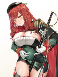 Rule 34 | 1girl, aiguillette, azur lane, beret, between breasts, black cloak, black hat, black panties, black thighhighs, blush, breasts, brown eyes, buttons, cleavage, cloak, closed mouth, clothes lift, commentary request, covered navel, dress, dress lift, garter straps, gloves, green dress, hat, highres, holding, holding sword, holding weapon, large breasts, lifting own clothes, long hair, long sleeves, looking at viewer, medal, military, military uniform, naha78, panties, red hair, saber (weapon), sheath, sheathed, short dress, sidelocks, simple background, skindentation, sleeve cuffs, smile, solo, sword, thighhighs, twintails, underwear, uniform, weapon, white background, white gloves, zara (azur lane)