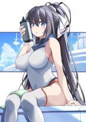 Rule 34 | 1girl, bare shoulders, black hair, blue eyes, blue sky, bottle, bow, breasts, cloud, covered navel, green bow, hair ribbon, high ponytail, highres, infinite stratos, large breasts, leotard, long hair, looking at viewer, pilot suit, ponytail, ribbon, ribucci, shinonono houki, sitting, sky, solo, split ponytail, thighhighs, water bottle, white leotard, white thighhighs