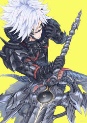 Rule 34 | 1boy, 45liza109, absurdres, angry, armor, au ra, black armor, black gloves, black sclera, closed mouth, colored sclera, dark knight (final fantasy), final fantasy, final fantasy xiv, gloves, greatsword, green eyes, highres, holding, holding sword, holding weapon, horns, huge filesize, male focus, pauldrons, shoulder armor, sidurgu orl, simple background, solo, sword, tail, twitter username, vambraces, weapon, white hair, yellow background
