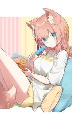 Rule 34 | 1girl, animal ear fluff, animal ears, blue eyes, commission, flower, food, hair flower, hair ornament, highres, hizuki rurufu, holding, holding food, long hair, looking at viewer, phone, pink hair, pink tail, popsicle, rb2, shirt, short shorts, short sleeves, shorts, skeb commission, snack nili, solo, tail, virtual youtuber, white shirt, wolf ears, wolf girl, wolf tail, yellow flower