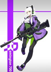 Rule 34 | 1girl, absurdres, bad id, bad twitter id, black gloves, black pantyhose, blunt bangs, bolt action, breasts, closed mouth, fingerless gloves, fps xilou, gloves, green eyes, gun, headphones, headset, highres, holding, holding gun, holding weapon, inactive account, long hair, long sleeves, looking at viewer, original, pantyhose, purple footwear, remington model 700, rifle, scope, shoes, simple background, smile, sneakers, sniper rifle, solo, standing, standing on one leg, suppressor, twintails, two-tone background, weapon, white hair