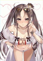 Rule 34 | 1girl, absurdres, bare shoulders, bikini, breasts, brown eyes, brown hair, cleavage, collarbone, cowboy shot, earrings, eyewear on head, fate/grand order, fate (series), hair ornament, hand on own hip, hane yuki, heart, highres, huge filesize, jewelry, leaning forward, long hair, medium breasts, multiple earrings, navel, open clothes, parted lips, robe, sunglasses, swimsuit, thighs, twintails, very long hair, white background, white bikini, wristband, yu mei-ren (fate), yu mei-ren (swimsuit lancer) (fate)