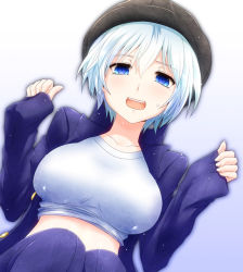 Rule 34 | 1girl, blue eyes, breasts, character request, gradient background, hat, large breasts, open clothes, open mouth, open shirt, rip-off (manga), shirt, short hair, solo, watarui, white hair