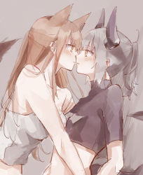 Rule 34 | 2girls, animal ears, arknights, bad id, bad pixiv id, blush, breasts, brown hair, commentary request, eye contact, face-to-face, franka (arknights), grey hair, highres, imminent kiss, liskarm (arknights), long hair, looking at another, matsuzaka (matsuzakagyu 29), multiple girls, parted lips, tail, yuri