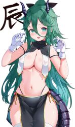 Rule 34 | 1girl, blush, breasts, calin, cleavage, gloves, green eyes, green hair, hair flaps, hair ornament, hairpin, highres, horns, kantai collection, large breasts, long hair, solo, tail, white gloves, yamakaze (kancolle)