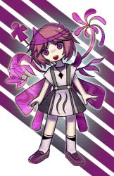 Rule 34 | 1other, androgynous, brown footwear, dress, euthan, highres, len&#039;en, open mouth, other focus, pink eyes, pink hair, pink wings, shion (len&#039;en), shoes, short hair, short sleeves, smile, socks, solo, teeth, triangular headpiece, upper teeth only, white dress, white socks, wings