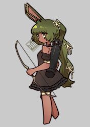 Rule 34 | 1girl, animal ears, arrow (projectile), barefoot, bow (weapon), brown dress, brown sleeves, closed mouth, commentary request, detached sleeves, dress, expressionless, full body, green hair, grey background, hair ribbon, high ponytail, highres, holding, holding bow (weapon), holding weapon, long hair, looking at viewer, looking to the side, medium bangs, puffy detached sleeves, puffy sleeves, quiver, rabbit and steel, rabbit ears, rabbit girl, ribbon, simple background, sniper rabbit, solo, suzaki-san, thigh strap, very long hair, weapon, yellow ribbon