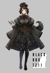 Rule 34 | 1girl, animal ears, apt, black hair, boots, bow, bowtie, breasts, corset, dog ears, dog girl, dog tail, full body, fur trim, grey background, hat, looking at viewer, original, red eyes, short hair, simple background, skirt, smile, solo, tail, thigh boots, thighhighs, turtleneck, winter clothes
